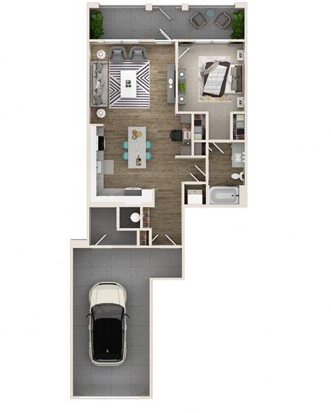 a floor plan of a house with a car in the garage